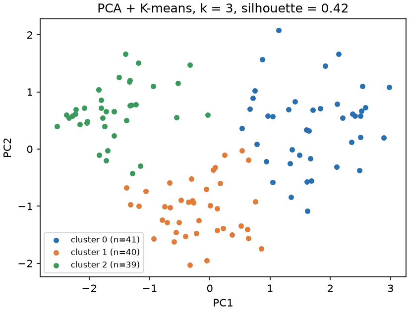 Students on two principal components coloured by cluster